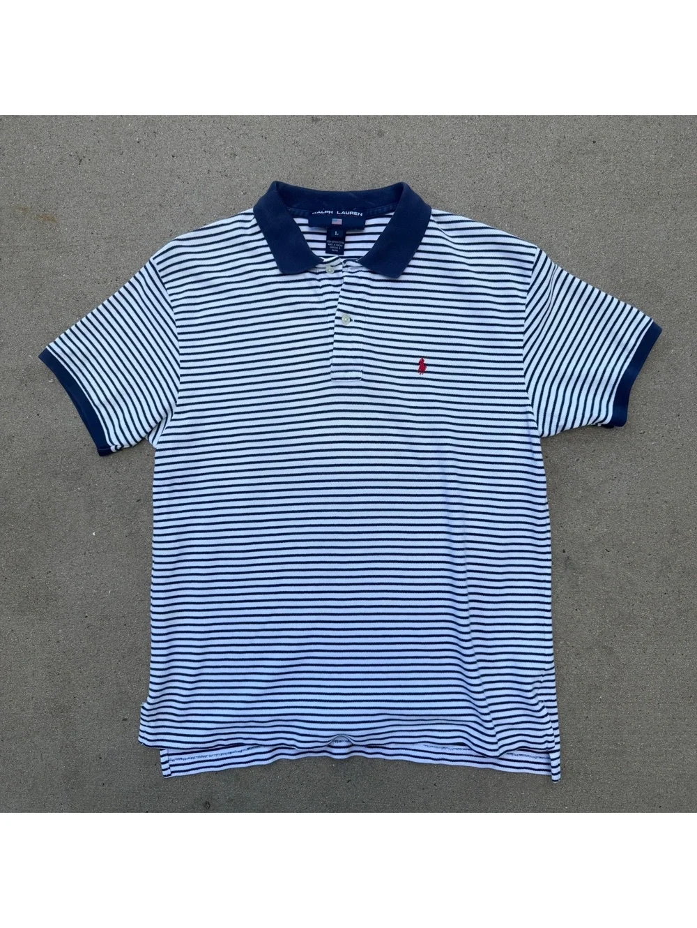 Ralph Lauren Polo Sport Mens Large Striped Cotton Polo Shirt Navy White